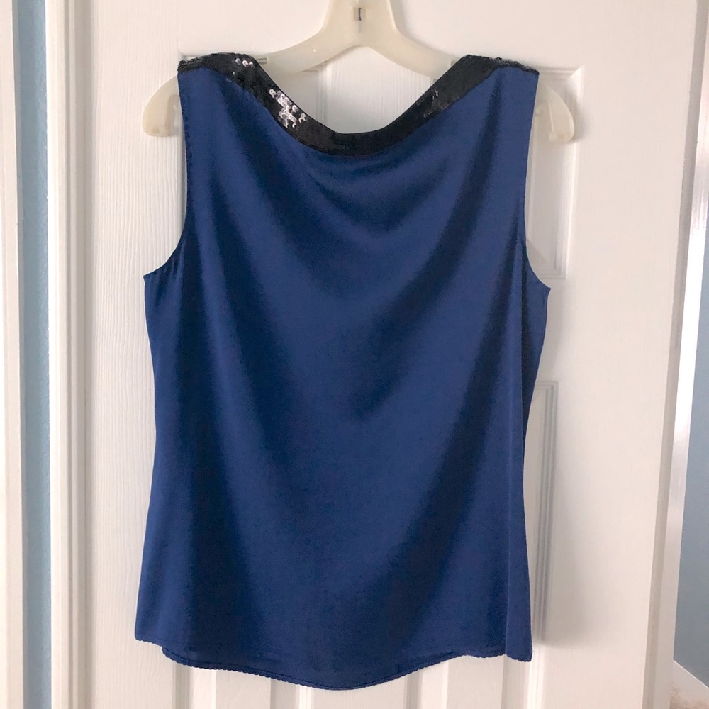 ElieTahari  blue silk blouse with black sequin collar